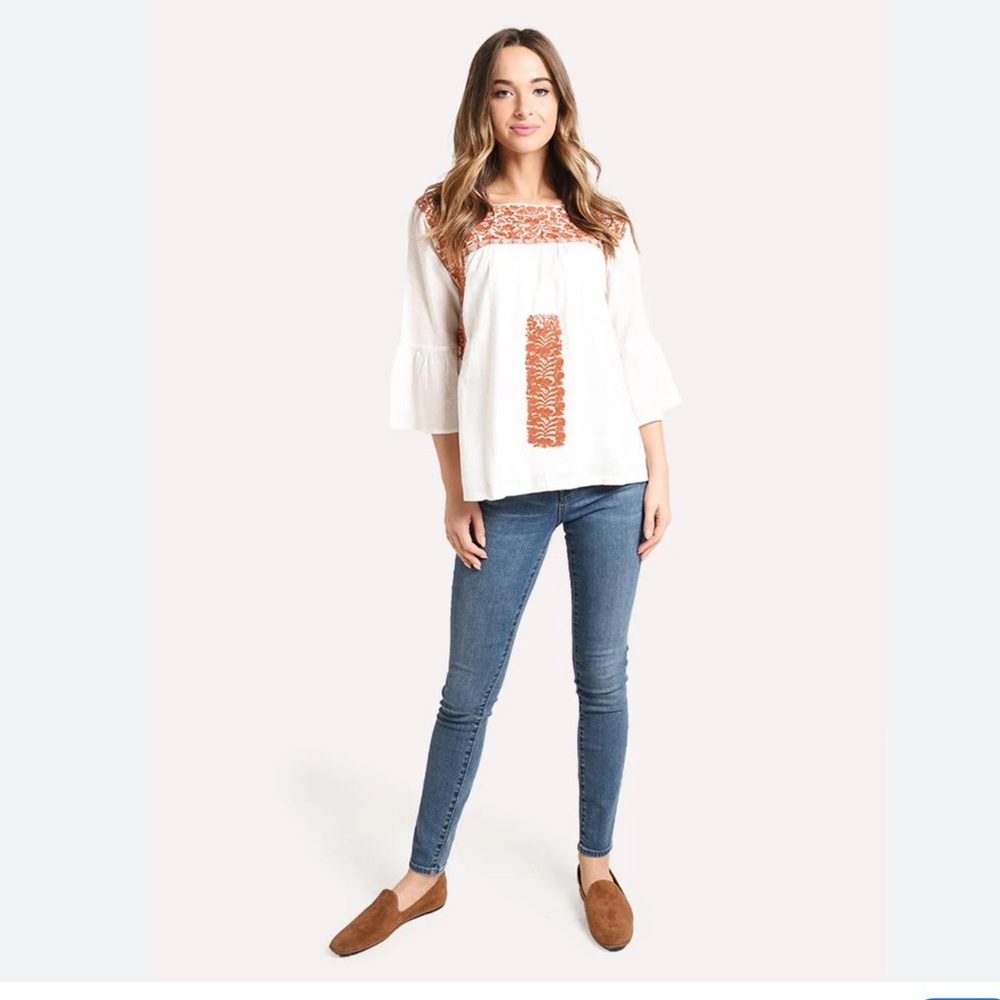 J. Marie The Guadalupe 3/4 Sleeve Top Embroidered boho size S
